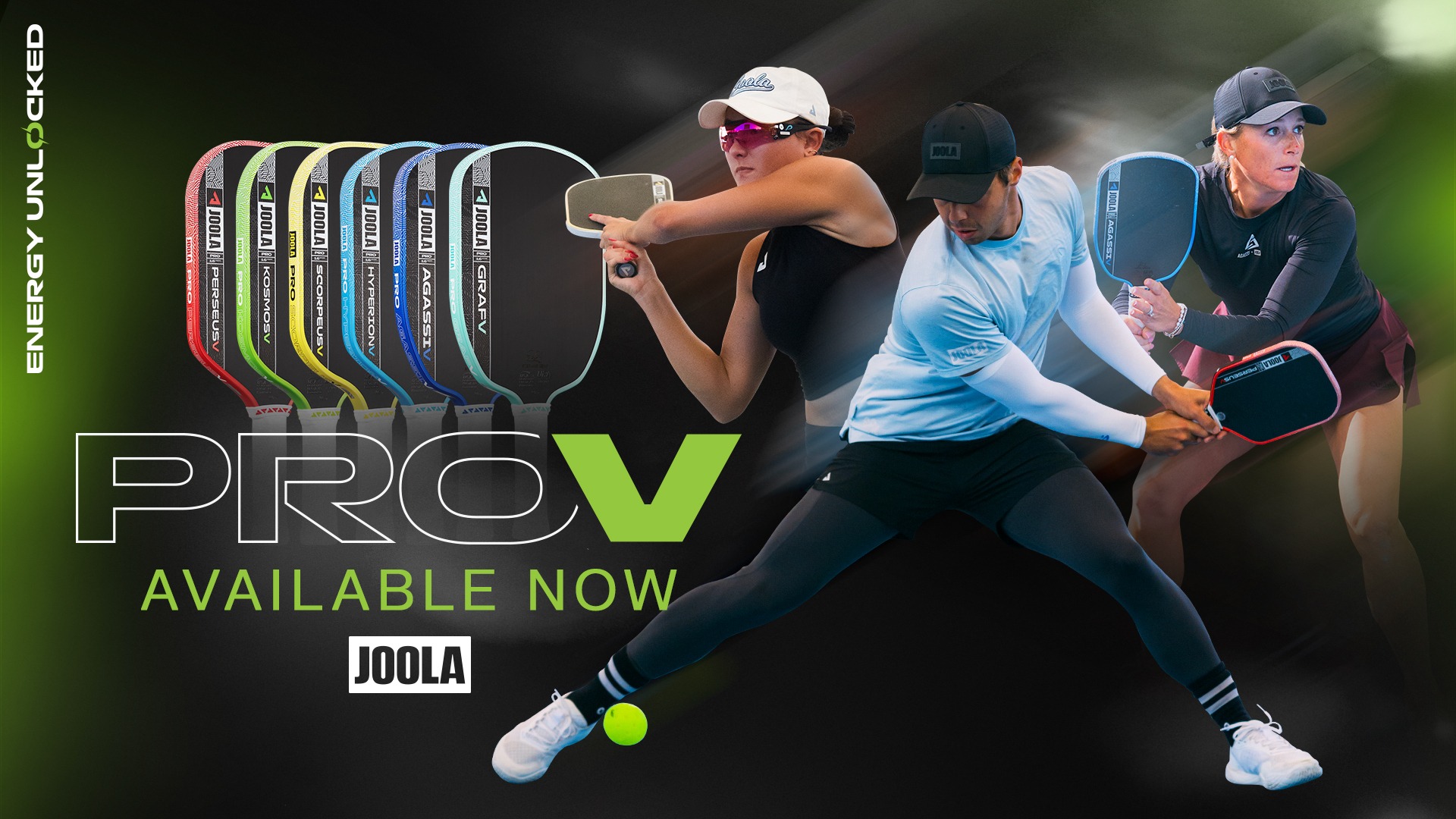 Campaña de JOOLA PRO V con paletas y jugadores de pickleball